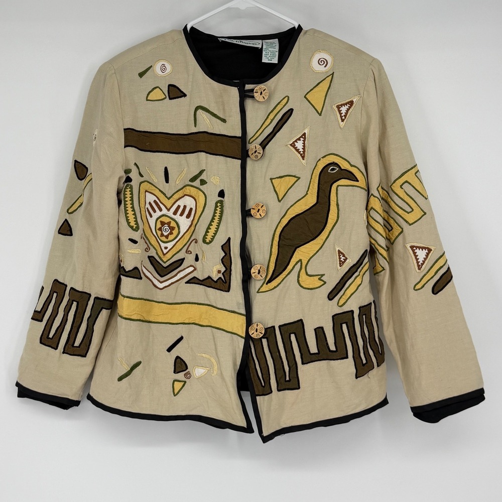 Patchington Womens Small Tan Embroidered Art to Wear Jacket Bird Heart Boho SM